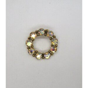 Vintage Brooch Aurora Borealis Crystal Circle Brooch Gold Tone Pin‎